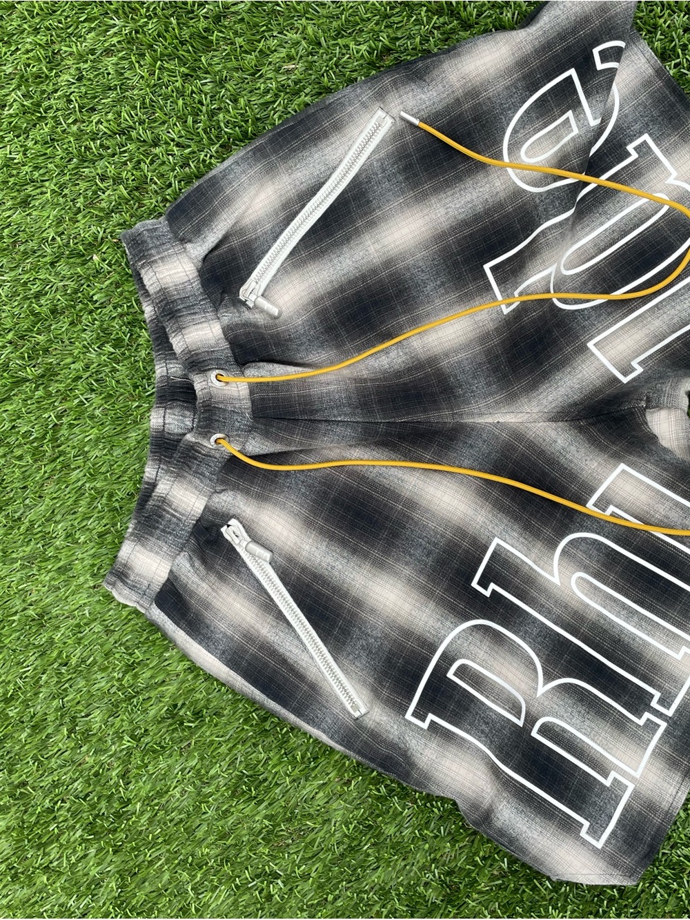 Rhude Black Plaid Athletic Shorts with Yellow Drawcords
